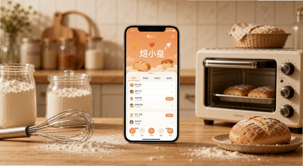 焙小二软件主界面与烘焙工具元素融合的全景展示图，画面中心为手机屏幕显示焙小二应用界面，背景区域为暖色调厨房台面，摆放面粉、打蛋器、烤箱等烘焙器具，整体风格温馨写实，适配Boogu模型生成