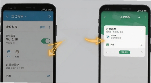 骑手跑腿同城快送手机权限设置与订单状态页面示意图,画面展示安卓手机设置界面中定位权限开关与软件内订单跟踪卡片,背景为柔和灰色调,突出操作指引箭头