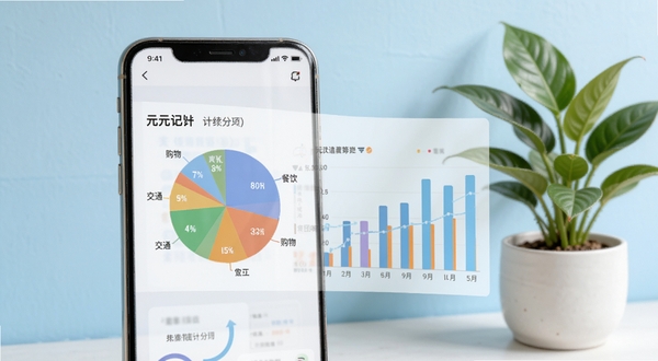 元元记账统计图表页面展示,手机屏幕内呈现彩色饼图与月份柱状图,饼图分区标注餐饮、交通、购物等分类,背景为浅蓝色渐变墙面与一盆绿植,画面干净清爽,体现数据可视化的直观感受