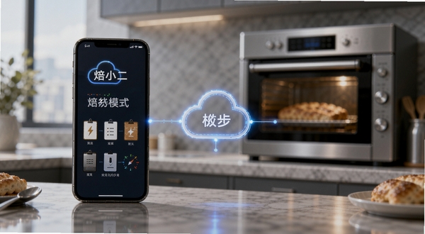 焙小二离线模式与数据同步功能示意图，画面为手机与云端图标连接，背景为厨房与烤箱，风格科技感与生活感结合