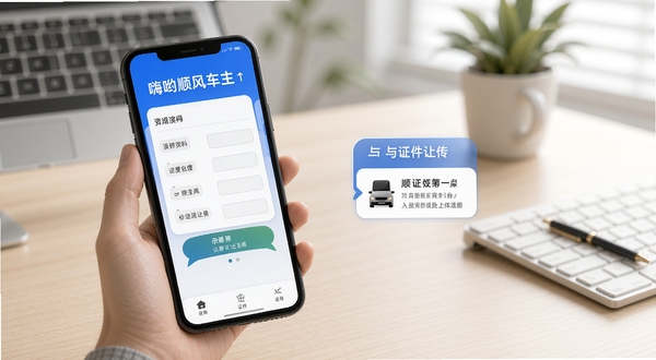 嗨哟顺风车主注册认证流程示意图,手机屏幕展示资料填写与证件上传步骤,背景为简洁办公桌面,光线柔和,突出操作便捷性