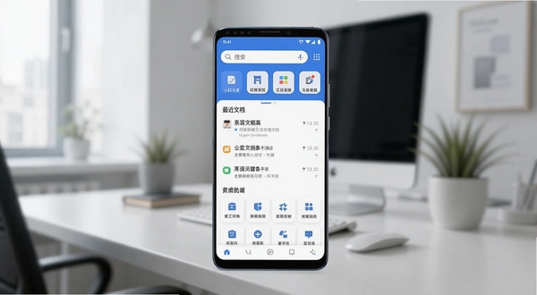 小科办公应用主界面全貌展示,画面中央是一部竖屏安卓手机,屏幕内呈现蓝色调扁平化办公应用首页,顶部为搜索栏与快捷入口,中部为最近文档列表与功能宫格,背景为虚化的现代办公室桌面环境,柔和自然光,整体风格清爽专业,适配Boogu模型生成