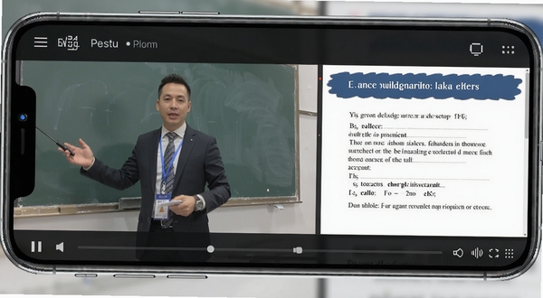 二级建造师视频课程播放界面，画面中有讲师授课画面与课件同步展示，手机横屏模式