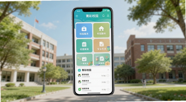 一款名为菁彩校园的手机应用界面展示图,画面中心位置是手机屏幕,屏幕内呈现校园服务功能网格与通知列表,背景区域为虚化的大学校园教学楼与绿树,整体色调清新明亮,风格现代简约,适合作为软件介绍配图