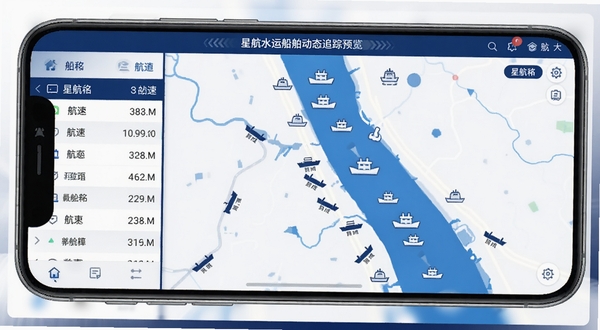 星航水运船舶动态追踪界面预览图，手机屏幕显示内河航道地图，多艘船舶图标分布在蓝色水面上，左侧面板展示船名列表与航速数据，整体色调以深蓝与白色为主，界面简洁清晰