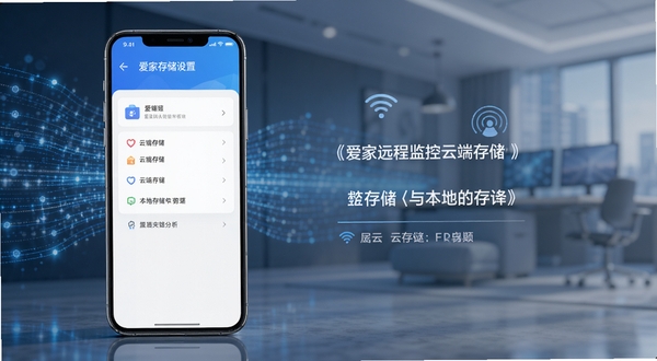 爱家远程监控看家云端存储与本地存储选择界面，手机屏幕显示存储设置选项，背景为科技感数据流线条，简洁商务风格，高清细节