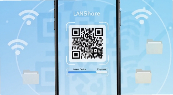 LANShare软件主界面在手机屏幕上展示，中央位置显示设备连接二维码和文件传输进度条，背景为浅蓝色渐变，周围环绕WiFi信号图标和文件夹图标，整体风格简洁科技感，适配Boogu模型生成