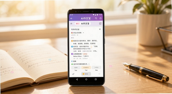 AI作文宝 软件主界面与功能模块概览图,画面中央为一部安卓手机,手机屏幕内展示AI作文宝的写作编辑界面,背景为柔和的书桌场景,有笔记本和钢笔点缀,整体色调温暖明亮,适配Boogu模型生成
