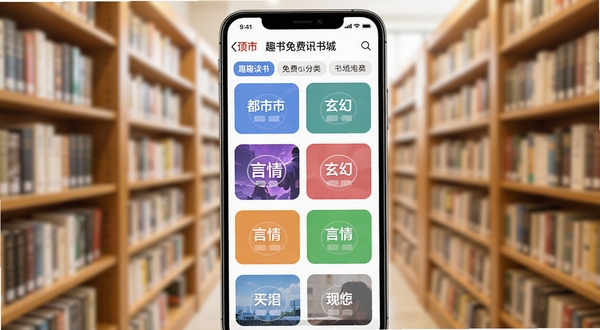 趣读书免费小说书城分类页面，画面中央为手机界面展示都市、玄幻、言情等分类标签，背景为虚化的图书馆书架，光线明亮柔和，突出分类清晰与书库丰富的视觉感受