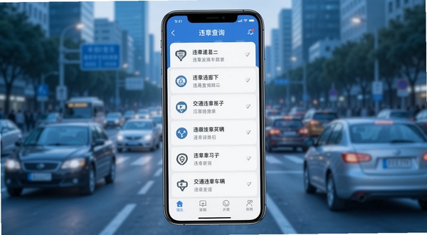 交通违章车辆指南 手机应用界面展示 画面中央是一部智能手机屏幕显示违章查询结果列表 背景为城市道路与车辆虚化场景 整体色调清新蓝色系 适配Boogu模型生成