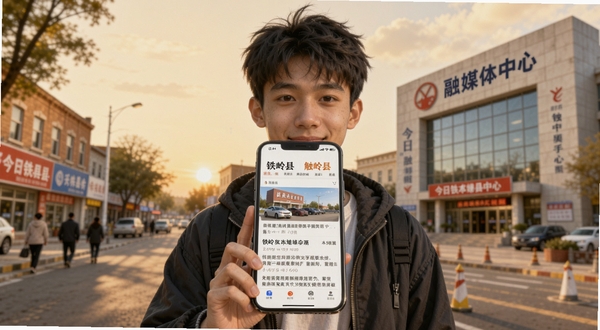 今日铁岭县APP新闻详情页AI生图,画面中央为一位手持手机的年轻用户,手机屏幕显示铁岭县本地新闻文章,背景为铁岭县街景与融媒体中心大楼,色调温暖,体现资讯触手可及