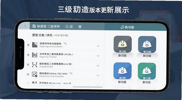 二级建造师版本更新功能展示图，手机屏幕显示更新日志列表与新功能图标