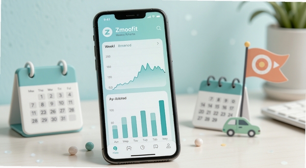 手机屏幕显示Zmoofit的周报图表页面,折线图与柱状图组合呈现一周运动趋势,背景为柔和的蓝绿色调,旁边放置一个简约的日历图标与目标旗帜插画,突出数据回顾与目标达成的氛围