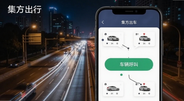 集方出行一键叫车界面示意图,手机屏幕显示车辆呼叫按钮与附近车辆图标分布,背景为夜间城市灯光与道路,画面突出便捷叫车氛围,软件名称集方出行在屏幕上方可见。