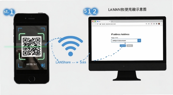 LANShare使用教程示意图，画面分为手机和电脑两部分，手机显示二维码扫描界面，电脑显示浏览器输入IP地址的页面，中间用WiFi图标连接，背景为浅灰色，带有步骤数字标注