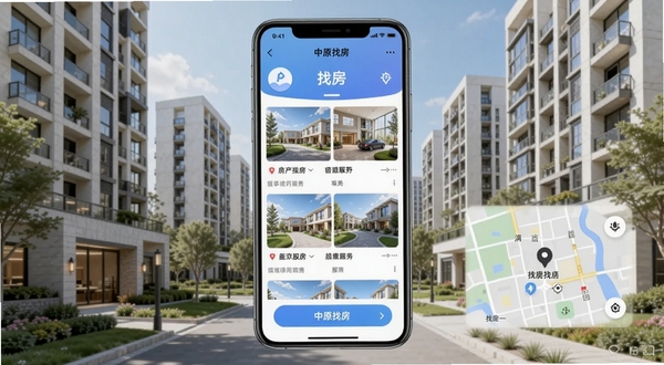 中原找房APP官方主界面展示，画面中央为手机屏幕内呈现的房源列表与地图找房功能入口，背景区域为现代城市住宅小区楼群实景，整体色调明亮清新，突出房产交易服务主题，适配Boogu模型生成