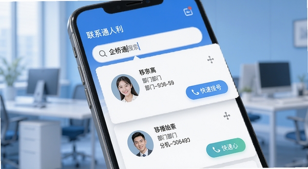 企桥通联系人检索功能界面,手机屏幕特写展示搜索框输入关键词后弹出的联系人卡片列表,每张卡片包含头像、姓名、部门、分机号与快捷拨号按钮,背景为柔和蓝色调办公环境,画面清晰明亮,突出查询效率