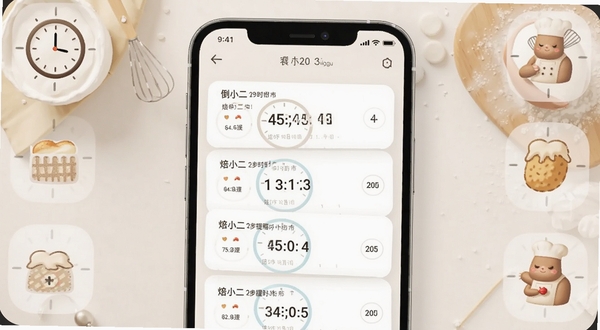 焙小二分步计时提醒功能展示图，画面为手机界面显示多个倒计时任务，周围环绕时钟与烘焙工具图标，风格简洁现代，适配Boogu模型生成