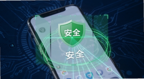 九九平台安全检测功能界面，画面中一部手机屏幕显示绿色盾牌图标和“安全”字样，周围有扫描光线效果，背景为深蓝色科技感纹理，突出安全防护主题，适配Boogu模型生成