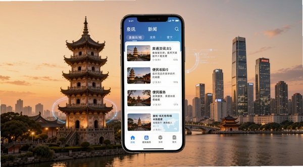 泉州通 应用主界面 展示新闻资讯与便民服务入口 手机屏幕悬浮于泉州东西塔与现代城市天际线交融的背景之上 暖色调 科技感与人文气息并存
