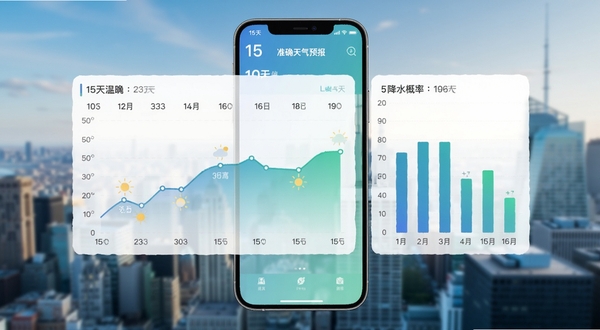 15天准确天气预报应用内页展示十五日温度折线图与降水概率柱状图，手机界面悬浮在虚化的城市天际线背景前，图表配色以蓝绿渐变为主，画面干净具有科技感