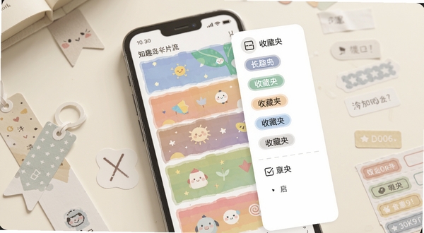 知趣岛兴趣卡片流与收藏夹功能界面示意图,画面展示手机屏幕内多张彩色兴趣卡片纵向排列,右侧浮现收藏夹侧边栏与标签分类,背景为柔和米白色桌面,点缀书签和标签贴纸元素,细节清晰,风格清新,适配Boogu模型生成