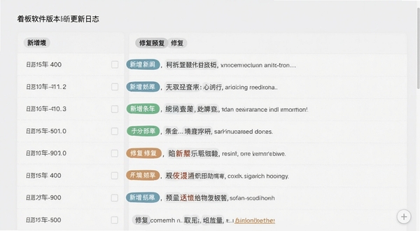 白板软件版本更新日志界面截图，画面展示清晰的版本号列表与更新条目，背景为浅色卡片式布局，突出新增与修复分类标签，整体风格简洁商务