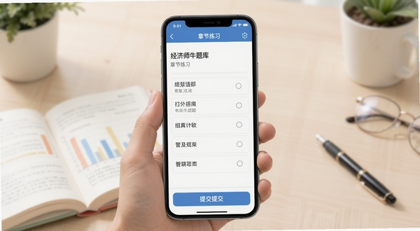 经济师牛题库手机端章节练习界面，简洁答题页面，题目与选项清晰排列，底部显示提交按钮，背景为浅色学习场景