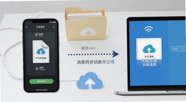 朽月通讯文件传输与消息同步功能示意图，画面左侧为手机发送文件的操作界面，右侧为另一台设备接收文件的界面，中间用一条虚线箭头连接表示同步，背景为淡灰色办公桌面，放置文件夹与云朵图标，整体风格简约商务