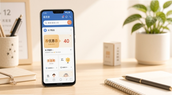 夫子甄选应用主界面全貌展示，画面主体位于中心偏左位置，一部竖屏安卓手机屏幕内呈现首页搜索框与优惠券卡片列表，背景为浅暖色调的室内桌面环境，桌面摆放简约文具与绿植，整体风格清新明亮，突出购物省钱工具的产品气质，高清细节，柔和光影