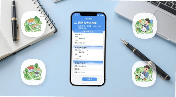 一款名为网格员考试题库的手机应用界面展示,画面主体为居中放置的智能手机,屏幕显示题库练习页面与答题卡,背景为浅蓝色渐变办公桌面环境,周围点缀笔记本、钢笔与网格化社区示意图标,整体风格简洁专业,适配Boogu模型生成