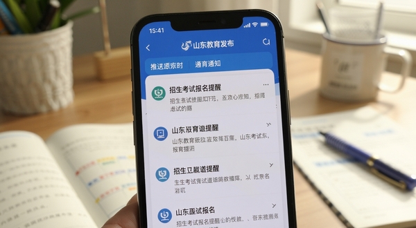 一部手机屏幕显示山东教育发布app的推送通知列表,通知内容为招生考试报名提醒,背景为书桌与学习用品,画面温馨自然,突出信息及时到达