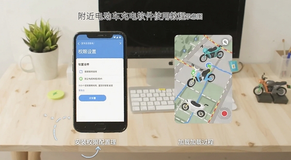 附近电动车充电软件使用教程示意图，手机屏幕展示权限设置界面与地图加载过程，背景为简洁桌面环境，画面风格扁平化，突出安装与权限配置步骤