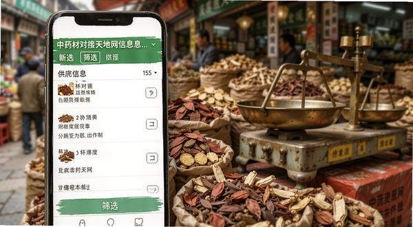 中药材天地网供求信息功能展示图,画面为手机屏幕特写,显示供求信息列表与筛选按钮,旁边配以药材市场场景的虚化背景,画面中有药材堆垛与称重器具,整体风格写实,突出信息对接的便捷感
