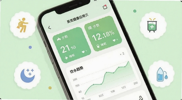 昊克健康应用首页健康数据卡片与趋势图界面展示,简洁清新的浅绿色调,手机屏幕特写,周围环绕步数、睡眠、饮水图标,扁平化插画风格
