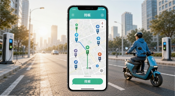 附近电动车充电软件主界面展示，手机屏幕中呈现城市地图与多个充电桩定位标记，背景为清晨城市街道与电动车骑行场景，画面风格清爽明亮，突出找桩导航核心功能