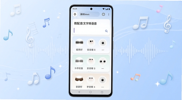 一款名为微配音文字转语音的手机应用界面展示,画面主体位于正中央,是一台竖屏安卓手机,屏幕上呈现文字输入框与多条音色选择卡片,背景为柔和的浅蓝色渐变,周围点缀音符与声波线条元素,整体风格清爽现代,适配应用商店宣传图