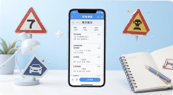 安驾课堂手机应用界面展示，画面中央是一台竖屏智能手机，屏幕显示驾考理论题库练习页面，背景为浅蓝色渐变学习场景，周围环绕交通标志图标与笔记本元素，整体风格清新简洁，适配Boogu模型生成