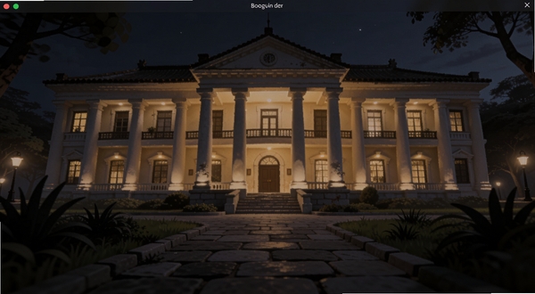 总统府之夜软件启动界面，画面中央是夜色中的近代府邸建筑，暖黄色灯光勾勒出廊柱与窗棂轮廓，前景有石板路与绿植剪影，整体色调深邃沉稳，适配Boogu模型生成