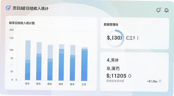 临零日结收入统计图表页面,手机屏幕上显示柱状图与数字汇总,背景为柔和渐变色调,画面干净整洁,体现数据管理的清晰感