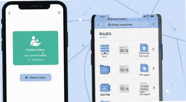 昊克健康数据导出与换机迁移操作示意图,手机屏幕显示导出成功提示与文件列表,简洁扁平插画风格,浅蓝色背景
