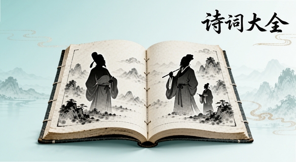 画面中央是一本展开的古典线装书,书页上浮现出李白、杜甫等诗人剪影与山水墨色,背景为淡青色渐变,右上角以毛笔字书写诗词大全,整体风格国风雅致,适配移动端启动页构图