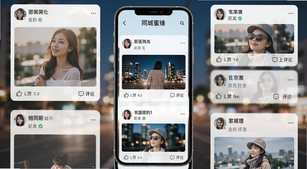 同城蜜缘动态广场界面展示，手机屏幕中排列着同城用户发布的图文动态卡片，每张卡片带有头像、昵称、距离标签与点赞评论按钮，背景为柔和的城市夜景虚化效果，整体色调清新明亮