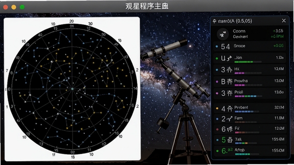 观星程序主界面,星空背景,左侧星图,右侧数据显示,坐标(0.5,0.5)