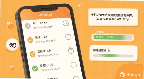 手机短信免费恢复操作界面截图风格插画,画面展示手机屏幕内短信列表被勾选恢复,旁边有飞行模式图标与存储空间指示条,背景为温馨的橙黄色调提醒用户注意数据保护,右下角有软件名称水印,适配Boogu模型生成