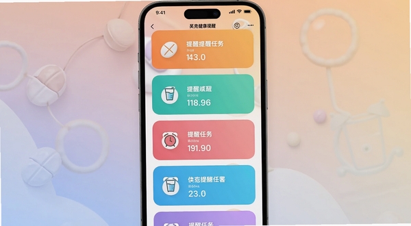 昊克健康提醒设置页面手机界面展示,多个彩色提醒任务卡片排列,包含药片、水杯、闹钟图标,柔和渐变背景,UI设计风格