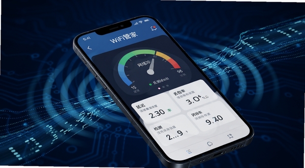 手机WiFi管家网络诊断功能界面，手机屏幕显示延迟、丢包率等检测数据仪表盘，周围环绕WiFi信号波纹与数据流动线条，背景为深蓝色科技氛围，画面细节清晰，适配Boogu模型生成