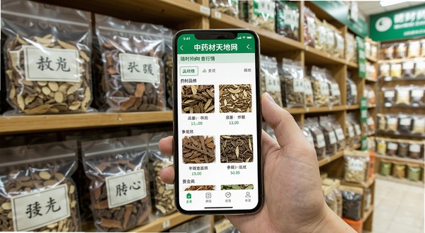 中药材天地网移动端操作场景图,画面为一只手握持手机浏览药材行情页面,背景为中药材商铺货架,货架上摆放着标注品名的药材袋,光线明亮,风格生活化,体现随时随地查行情的场景