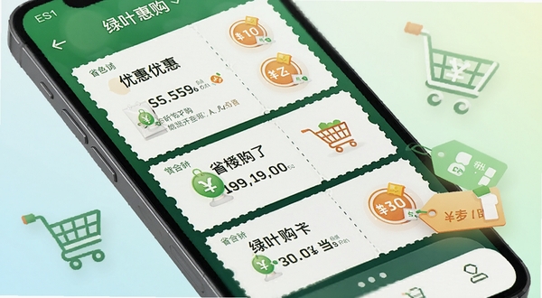 绿叶惠购应用界面特写，手机屏幕显示多张优惠券整齐排列，旁边有购物车和价格标签元素，背景为柔和的浅色渐变，突出省钱聚合的视觉主题