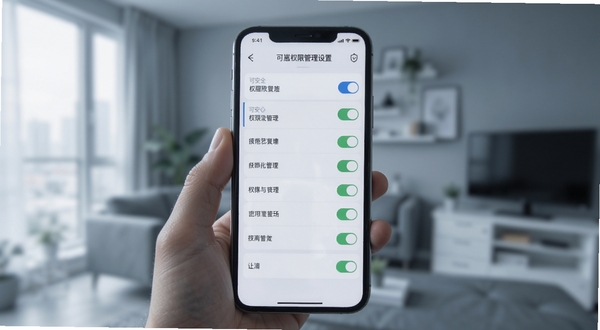 可崽权限管理设置页面示意，手机屏幕显示权限列表与开关状态，画面聚焦屏幕内容，背景为虚化的室内环境，色调偏冷灰，突出安全与可控的产品印象